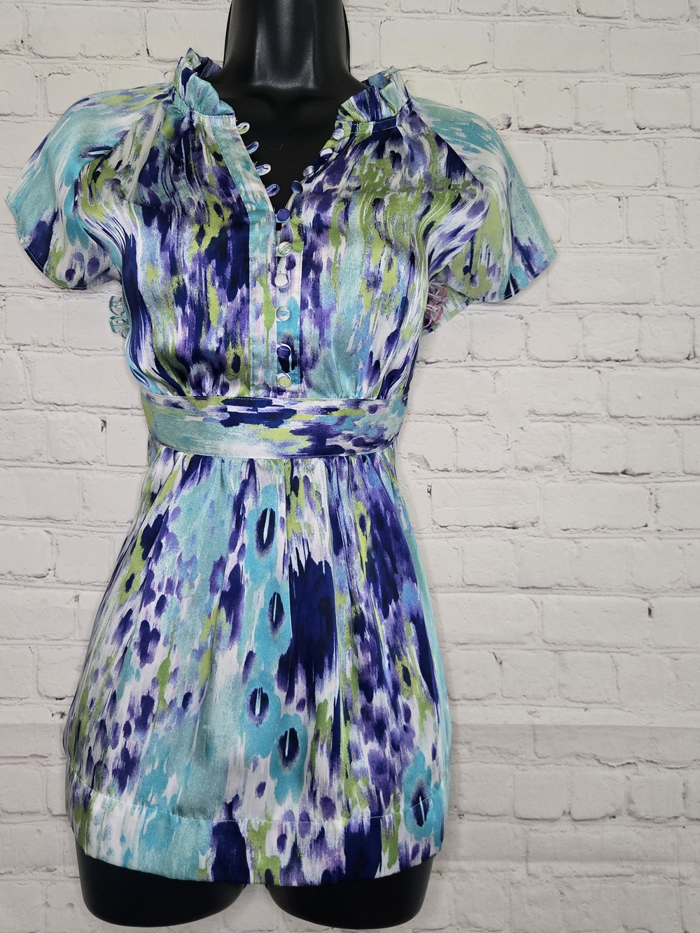Apt.9 Aqua & Blue Abstract watercolor Tie Back Y2k Babydoll artsy Blouse M